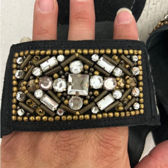 Donald J Pliner Women’s 8 Black Suede Gold Jeweled Slip-On Wedge Sandals Designe - Picture 7 of 7